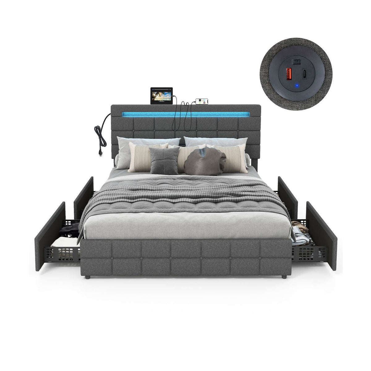 Queen Upholstered LED Bed with 4 Rolling Drawers and Charging Station