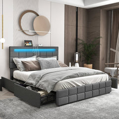 Queen Upholstered LED Bed with 4 Rolling Drawers and Charging Station