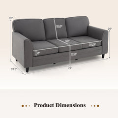 79 in Teddy Velvet 3 Seat Sofa in Grey with S Shaped Springs, 5 in Cushions and Washable Covers