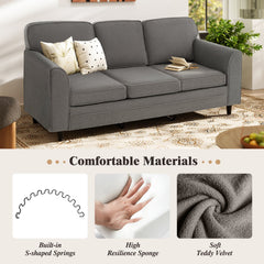 79 in Teddy Velvet 3 Seat Sofa in Grey with S Shaped Springs, 5 in Cushions and Washable Covers