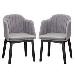 Set of 2 Velvet Armchairs with Channel Stitched Curved Back and Wood Legs, Grey