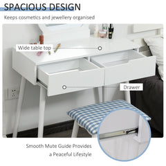 Makeup Vanity Desk with Round Mirror and 2 Drawers, Dressing Table with Cushioned Stool Set for Bedroom (White)
