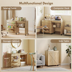 Sewing Machine Table on Wheels, Folding Craft Table with 2 Bins, Storage Shelf, 18 Pegs, Lockable Wheels, Brown