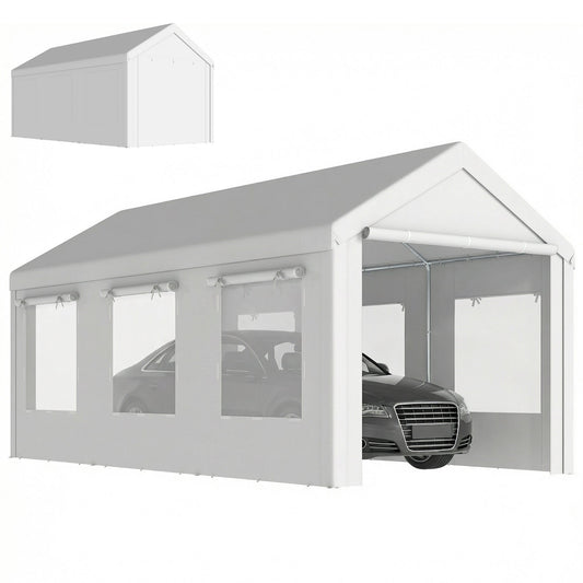 10' x 20' Heavy Duty Carport, Height Adjustable Portable Garage Car Canopy Tent Shelter with Doors, Windows, White