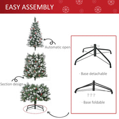 5ft Decorated Christmas Tree with Red Berries and Pine Cones, Flocked Christmas Tree with Pencil Shape, Green