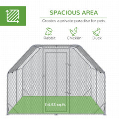 Chicken Run Outdoor, Galvanized Large Metal Chicken Coop Cage, Walk-in Enclosure Poultry Hen Run House Playpen Rabbit Hutch with Flat Roof, Cover, 9.2'x6.2'x6.5', Silver