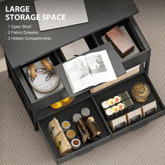 Modern Coffee Table, Lift Top Center Table with Fabric Drawers and Hidden Storage for Living Room, Distressed Black