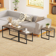 Nesting Coffee Table Set of 3, Modern End Tables with Black Metal Frame for Living Room Home Furniture, Natural
