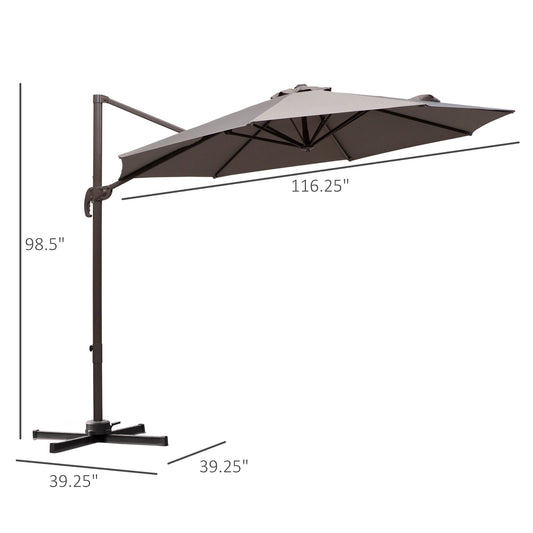 10ft Cantilever Patio Umbrella with 360° Rotation, Crank & Cross Base for Garden Deck Pool Backyard, Grey