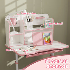 Adjustable Height Kids Desk and Chair Set, Kids Study Table and Chair with Tilt Desktop, Drawer, Reading Rack, Pink