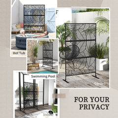 6.5FT Decorative Outdoor Divider, Metal Privacy Screen with Stand, Large Leaf Style, Black