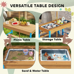 Kids Picnic Table and Bench Set with Removable Umbrella, Cushions & Boxes, Dinosaur Theme for Outdoor, Blue