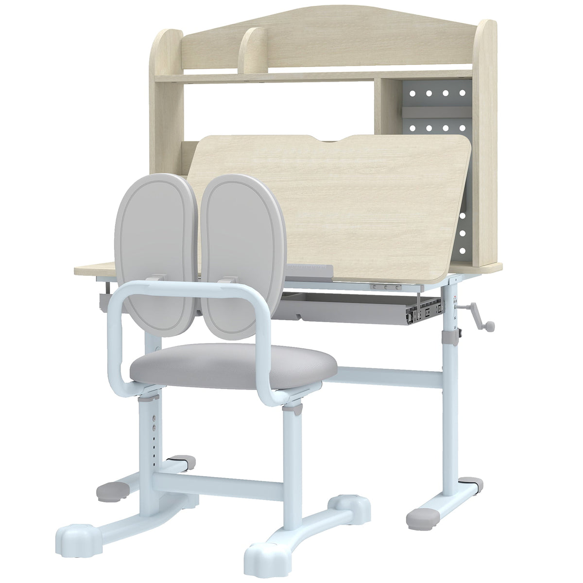 Kids Desk and Chair Set with Tilting Desktop, Adjustable Height, Drawer and Shelves for Boys Girls Ages 3-12, Grey