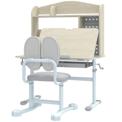 Kids Desk and Chair Set with Tilting Desktop, Adjustable Height, Drawer and Shelves for Boys Girls Ages 3-12, Grey