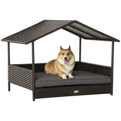 Rattan Dog House with Canopy, Wicker Dog Bed with Water-Resistant Cushion, for Small and Medium Breeds Grey