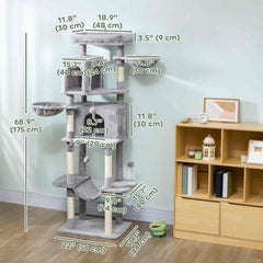 69" Cat Tree, Multi-Level Cat Tower with 2 Condos, Plush Perch and Sisal Scratching Posts, Dark Grey