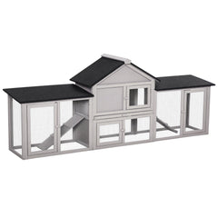 Large Rabbit Hutch Wood Bunny Cage Outdoor Guinea Pig House with Double Runs Slide Out Tray Ramps, 83"x18"x33", Natural