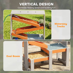 Wooden Sandbox, Kids Sand and Water Table with Waterway Track and Dual Boxes, Sensory Table for Outdoor, Grey