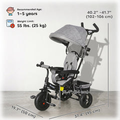 6 in 1 Toddler Tricycle Stroller with Basket, Canopy, 5-point Safety Harness, for 12-60 Months, Grey