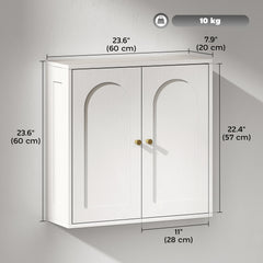 Medicine Cabinet, Modern Bathroom Wall Cabinet with 2 Arched Doors and Gold Handles, White Wood Grain