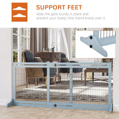 41"-71" Wooden Freestanding Pet Gate with Support Feet, for Small Medium Dogs, Grey-Blue