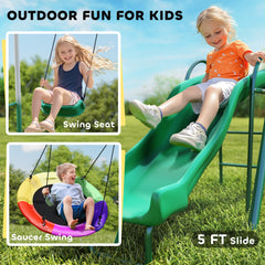 Metal Swing Set with Slide, Saucer Swing Seat, Heavy Duty A-Frame Stand and Adjustable Rope for Backyard, Dark Green