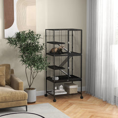 Rolling Small Animal Cage 34"H Chinchilla Cage for Ferrets, Squirrels w/ Removable Tray, Storage Shelf, Black