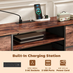 TV Stand for TVs up to 65 Inch, Industrial TV Console with Charging Station, 5 Drawers and Open Shelves, Rustic Brown