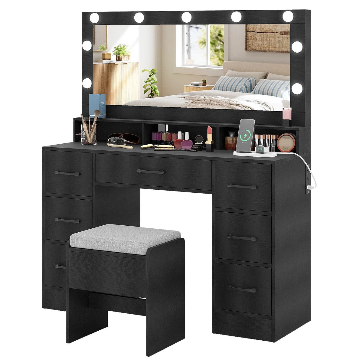 Vanity Desk with Mirror and Lights Makeup Table with Power Outlets-Black