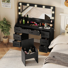 Vanity Desk with Mirror and Lights Makeup Table with Power Outlets-Black