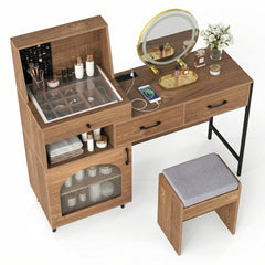 Vanity Desk with Mirror & Lights with Ring Slots & Necklace Hooks for Makeup-Natural & White