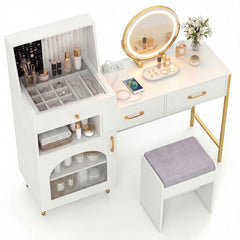 Vanity Desk with Mirror & Lights with Ring Slots & Necklace Hooks for Makeup-White