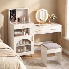Vanity Desk with Mirror & Lights with Ring Slots & Necklace Hooks for Makeup-White