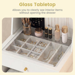 Vanity Desk with Mirror & Lights with Ring Slots & Necklace Hooks for Makeup-White
