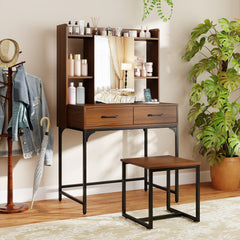 Vanity Desk with Storage Drawers and Charging Station-Walnut