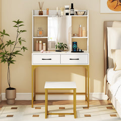 Vanity Desk with Storage Drawers and Charging Station-White