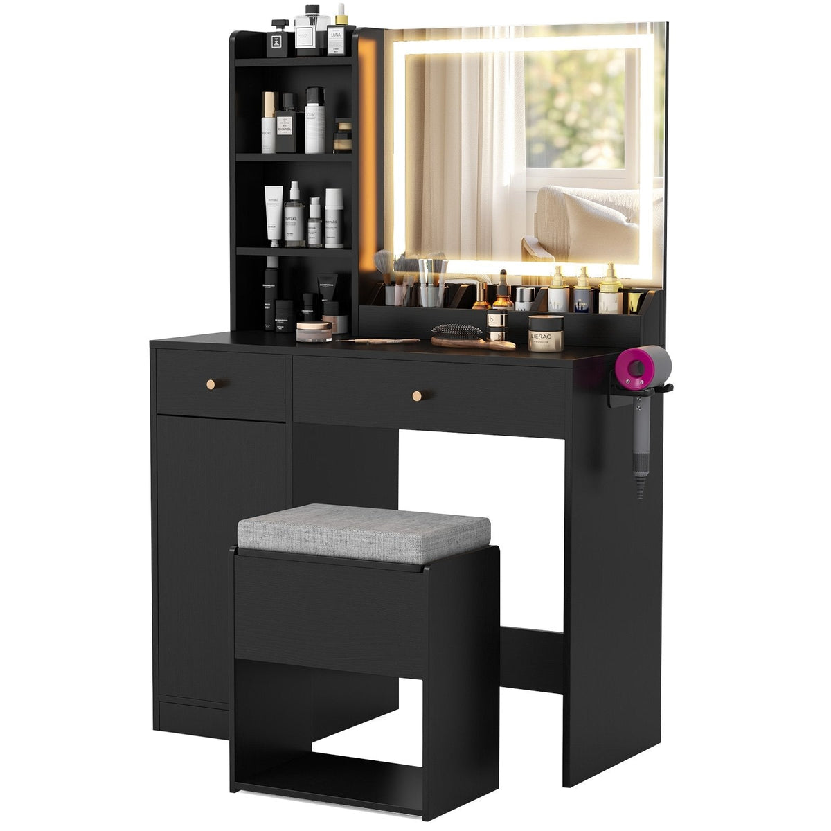Vanity Dressing Table and Chair Set with Mirror and Lights-Black