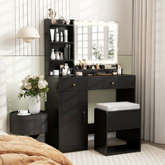 Vanity Dressing Table and Chair Set with Mirror and Lights-Black