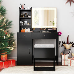 Vanity Dressing Table and Chair Set with Mirror and Lights-Black