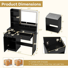 Vanity Dressing Table and Chair Set with Mirror and Lights-Black