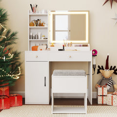 Vanity Dressing Table and Chair Set with Mirror and Lights-White