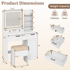 Vanity Set with Mirror and 3 Lighting Modes and Adjustable Brightness-White