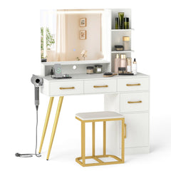 Vanity Set with Mirror and Lights and Table with Adjustable Brightness-White