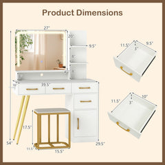 Vanity Set with Mirror and Lights and Table with Adjustable Brightness-White