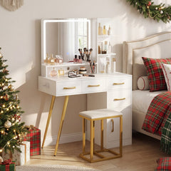 Vanity Set with Mirror and Lights and Table with Adjustable Brightness-White