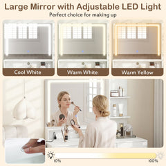 Vanity Set with Mirror and Lights and Table with Adjustable Brightness-White