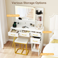 Vanity Set with Mirror and Lights and Table with Adjustable Brightness-White