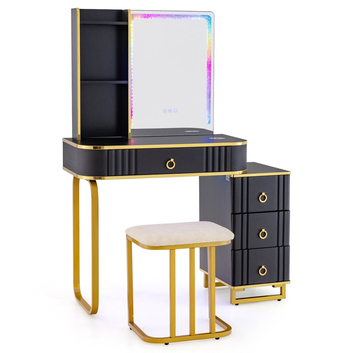 Vanity Table Set with RGB LED Lights and Wireless Charging Station-Black