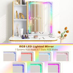 Vanity Table Set with RGB LED Lights and Wireless Charging Station-White