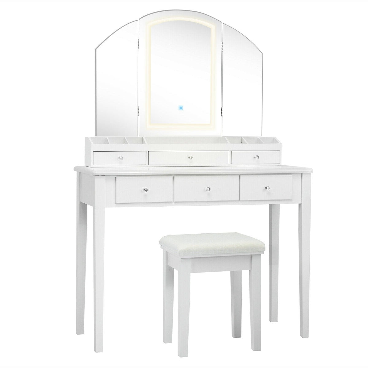 Vanity Table Stool Set with Large Tri-folding Lighted Mirror-White